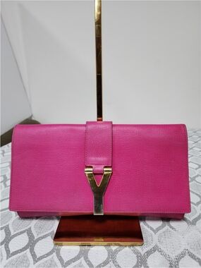 YVES SAINT LAURENT Calfskin Leather Ligne Y Clutch Bag Pink